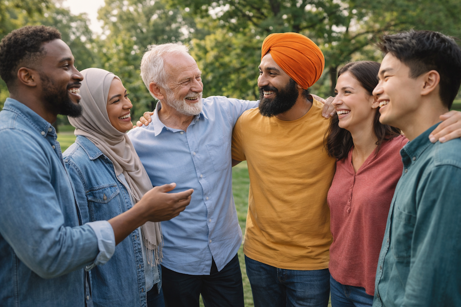 Integration och inkludering i ett mångkulturellt samhälle – människor med olika bakgrund samtalar, skrattar och samarbetar i en parkmiljö med gemenskap och respekt.